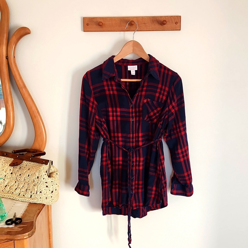 Isabel Maternity Plaid Blue and Red Button-up Top (Size Med)